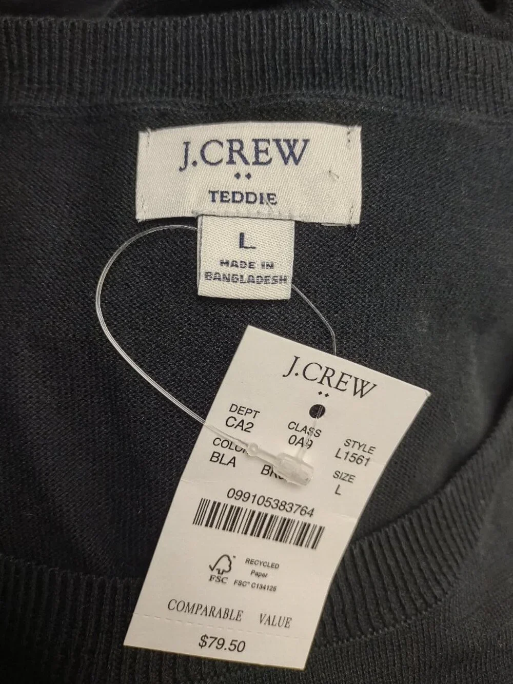 NWT J. Crew black 100% Cotton lightweight round neck Teddie sweater ladies Large